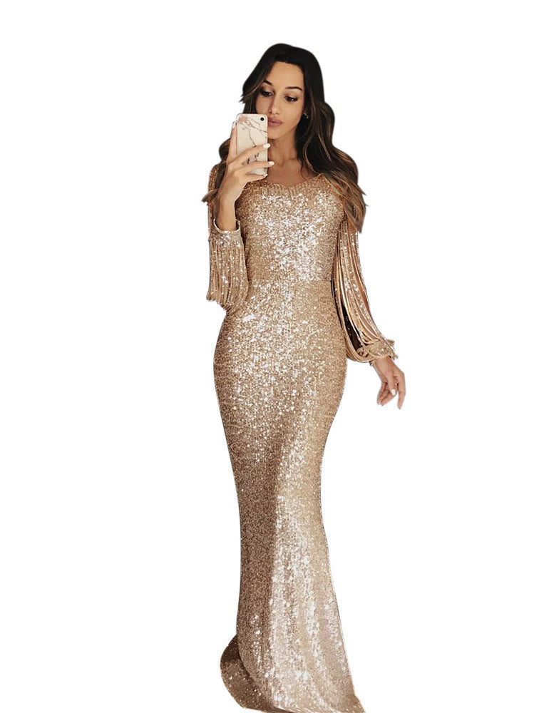 Damen elegantes Pailletten Abendkleid mit schmeichelndem Schnitt und langen Ärmeln EB