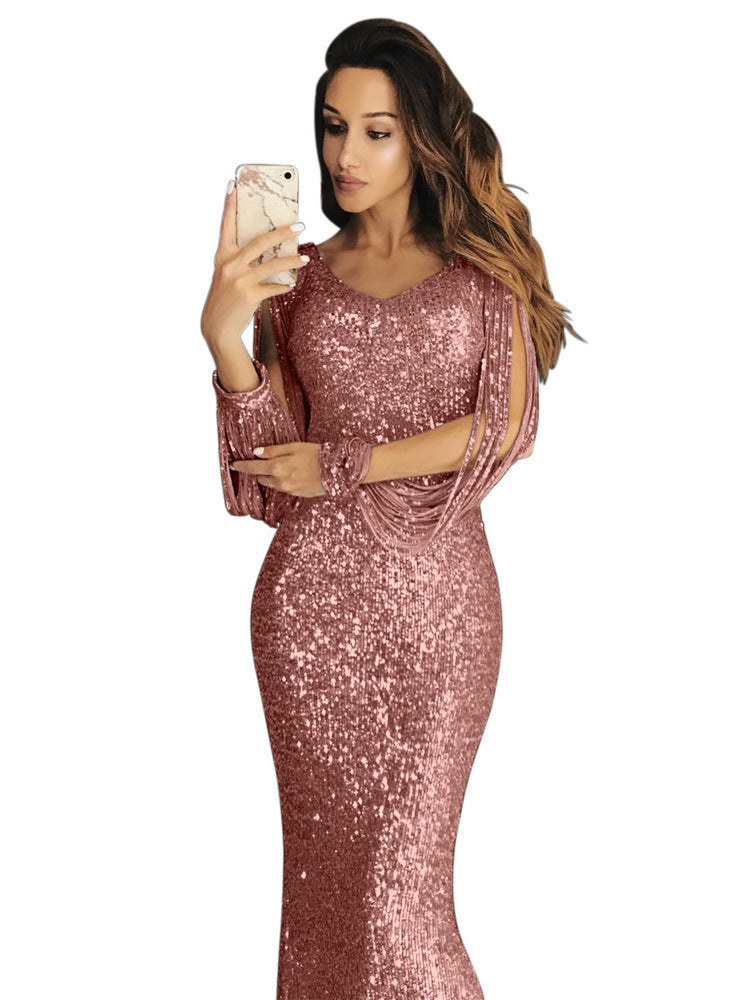 Damen elegantes Pailletten Abendkleid mit schmeichelndem Schnitt und langen Ärmeln EB