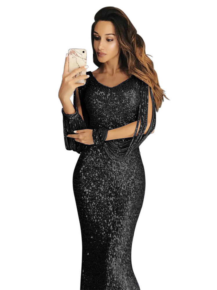 Damen elegantes Pailletten Abendkleid mit schmeichelndem Schnitt und langen Ärmeln EB