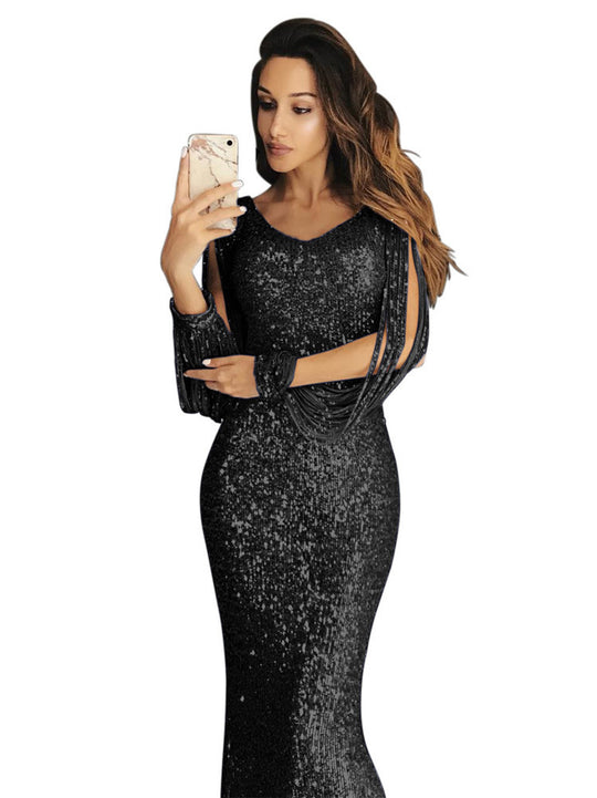 Damen elegantes Pailletten Abendkleid mit schmeichelndem Schnitt und langen Ärmeln EB