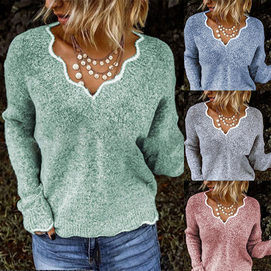 Damen kuscheliger Strickpullover mit tiefem V-Ausschnitt und gewellten Abschlüssen EB