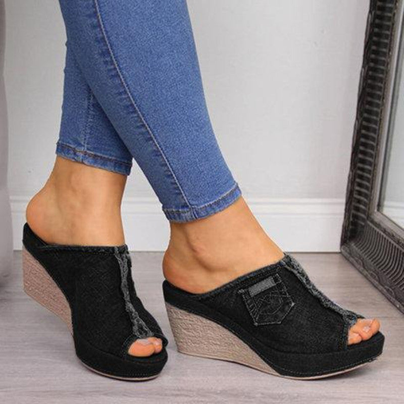 Damen Wedge-Pantoletten aus Denim mit modischem Fransen-Design EB