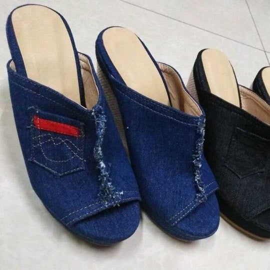 Damen Wedge-Pantoletten aus Denim mit modischem Fransen-Design EB