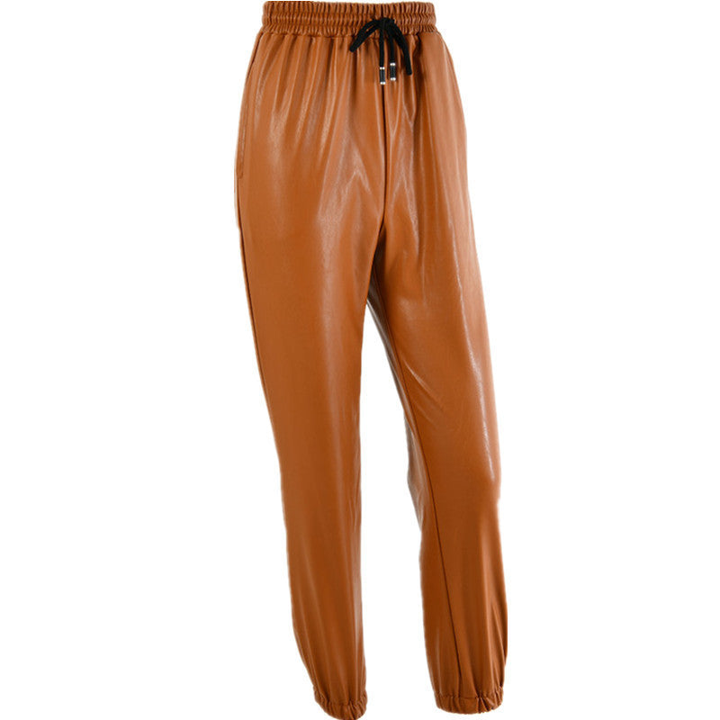 Damen Kunstleder Jogginghose mit elastischem Bund und seitlichen Taschen EB