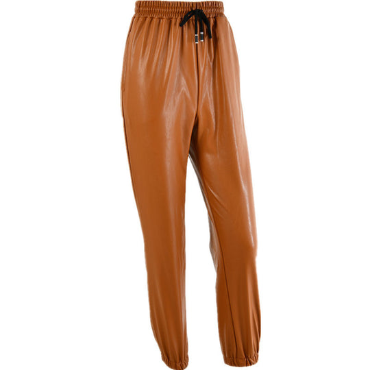Damen Kunstleder Jogginghose mit elastischem Bund und seitlichen Taschen EB