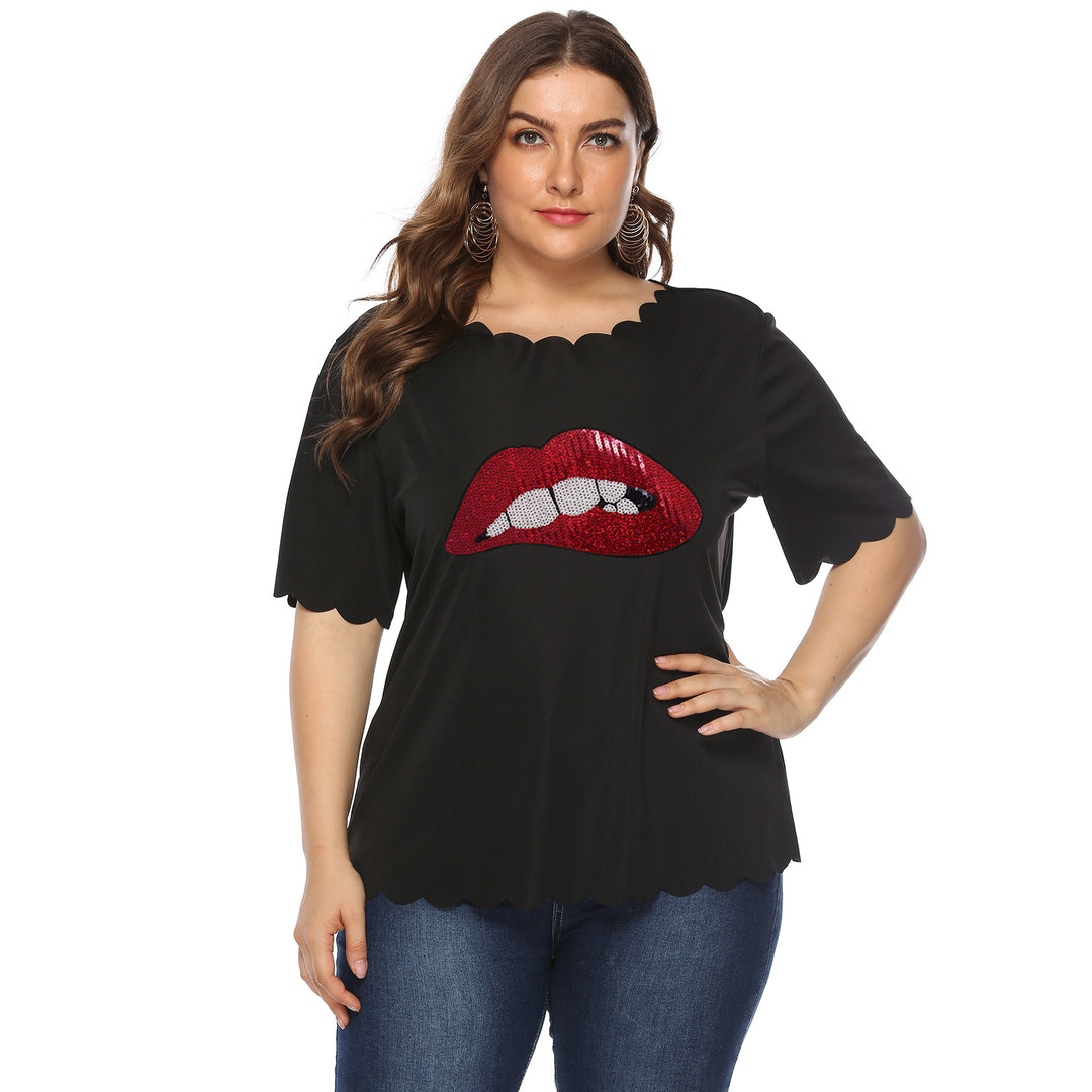 Damen modisches T-Shirt mit glänzendem Lippenmotiv EB