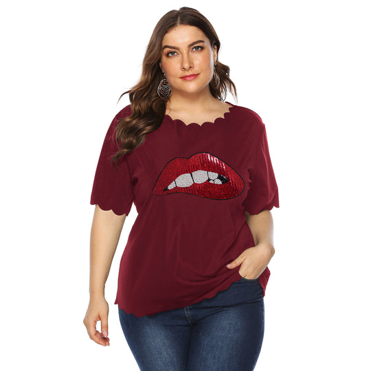 Damen modisches T-Shirt mit glänzendem Lippenmotiv EB