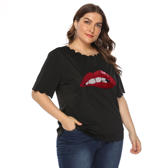 Damen modisches T-Shirt mit glänzendem Lippenmotiv EB