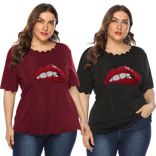 Damen modisches T-Shirt mit glänzendem Lippenmotiv EB