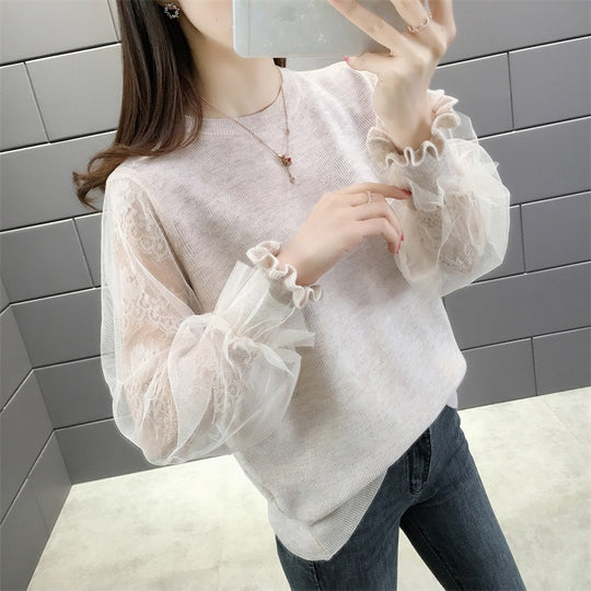 Damen Pullover mit transparenten, voluminösen Ärmeln EB
