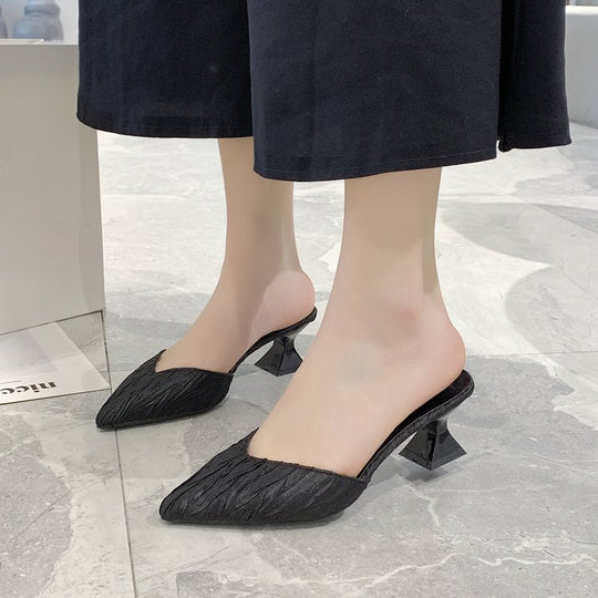 Damen modische offene Mules mit eleganten Falten und Blockabsatz EB