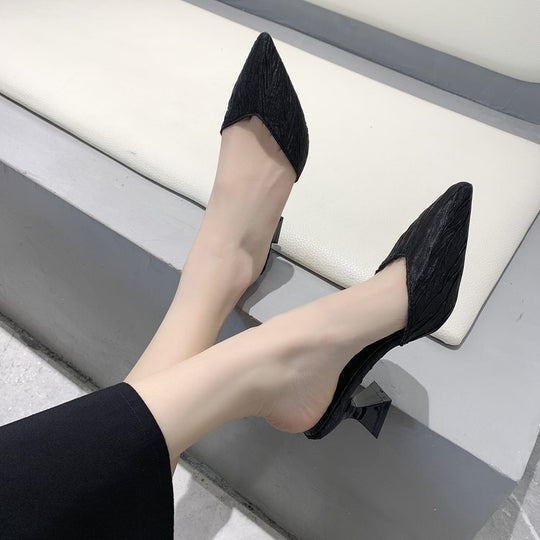 Damen modische offene Mules mit eleganten Falten und Blockabsatz EB
