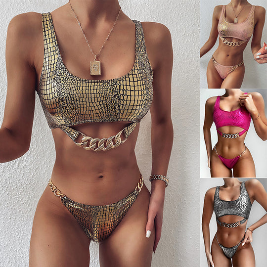 Damen Bikini-Set mit schickem Schlangenmuster und Ketten-Detail EB