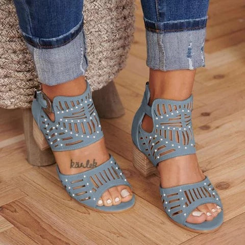 Damen Sandaletten mit modischem Cut-Out-Design und bequemer Blockabsatz-Sohle EB