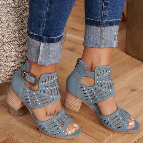 Damen Sandaletten mit modischem Cut-Out-Design und bequemer Blockabsatz-Sohle EB