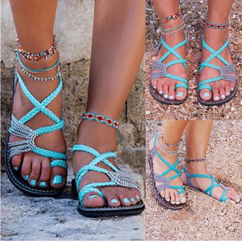 Damen nan Makramee-Riemchen-Sandalette mit Zehensteg und flexibler rutschfester Sohle EB