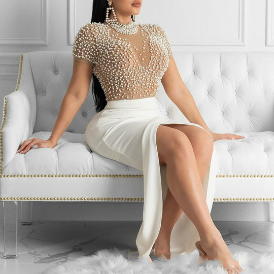Damen elegantes Maxikleid mit transparentem Oberteil und schimmernden Perlen EB