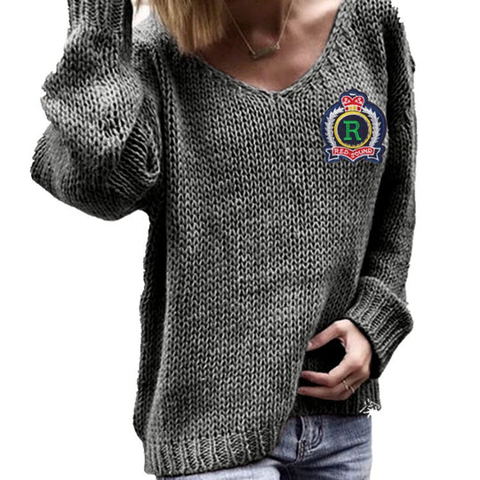 Damen lässiger Strickpullover mit tiefem V-Ausschnitt und seitlichen Schlitzen EB
