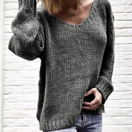Damen lässiger Strickpullover mit tiefem V-Ausschnitt und seitlichen Schlitzen EB