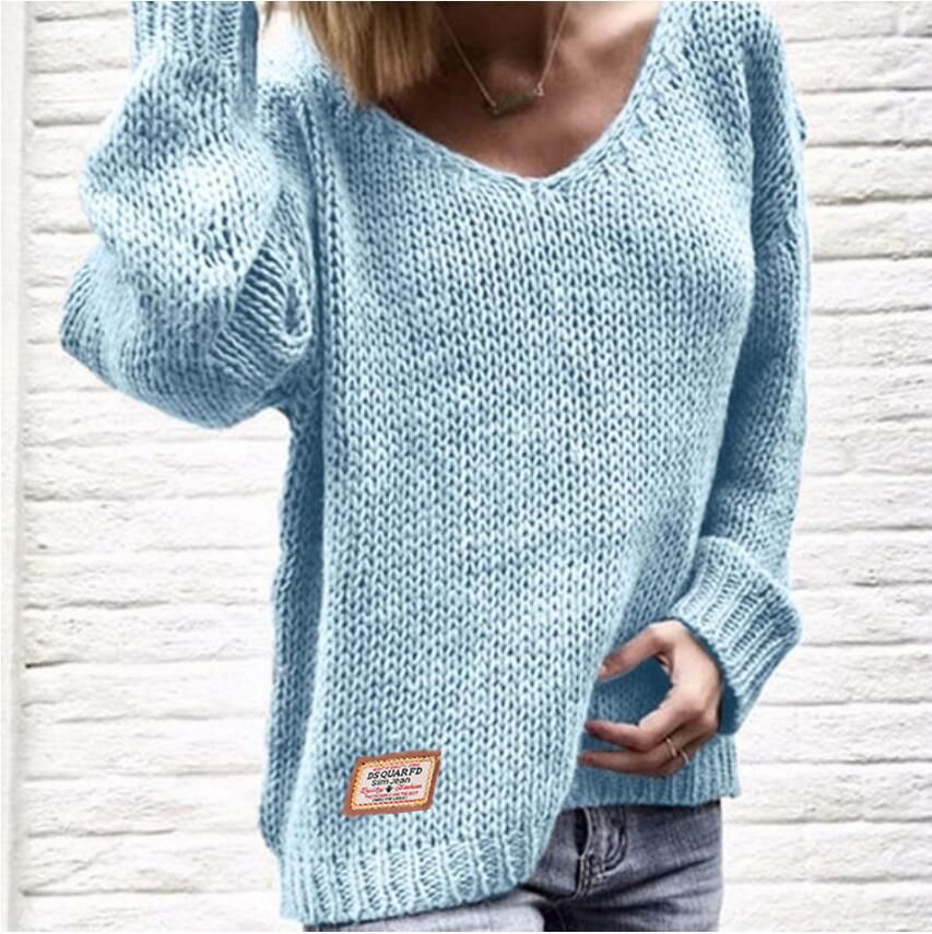 Damen lässiger Strickpullover mit tiefem V-Ausschnitt und seitlichen Schlitzen EB
