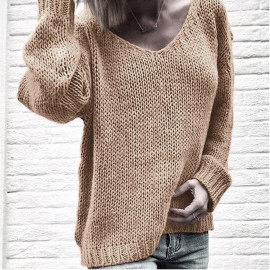 Damen Kuscheliger Strickpullover mit V-Ausschnitt und lässigem Schnitt EB