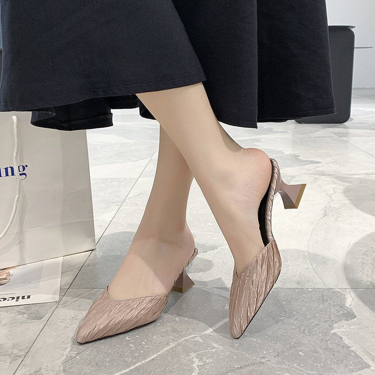 Damen modische offene Mules mit eleganten Falten und Blockabsatz EB