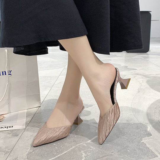 Damen modische offene Mules mit eleganten Falten und Blockabsatz EB