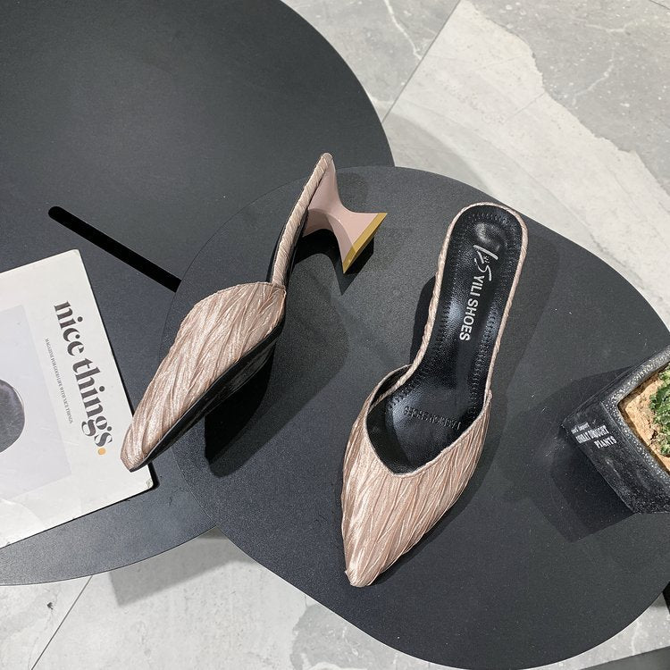 Damen modische offene Mules mit eleganten Falten und Blockabsatz EB