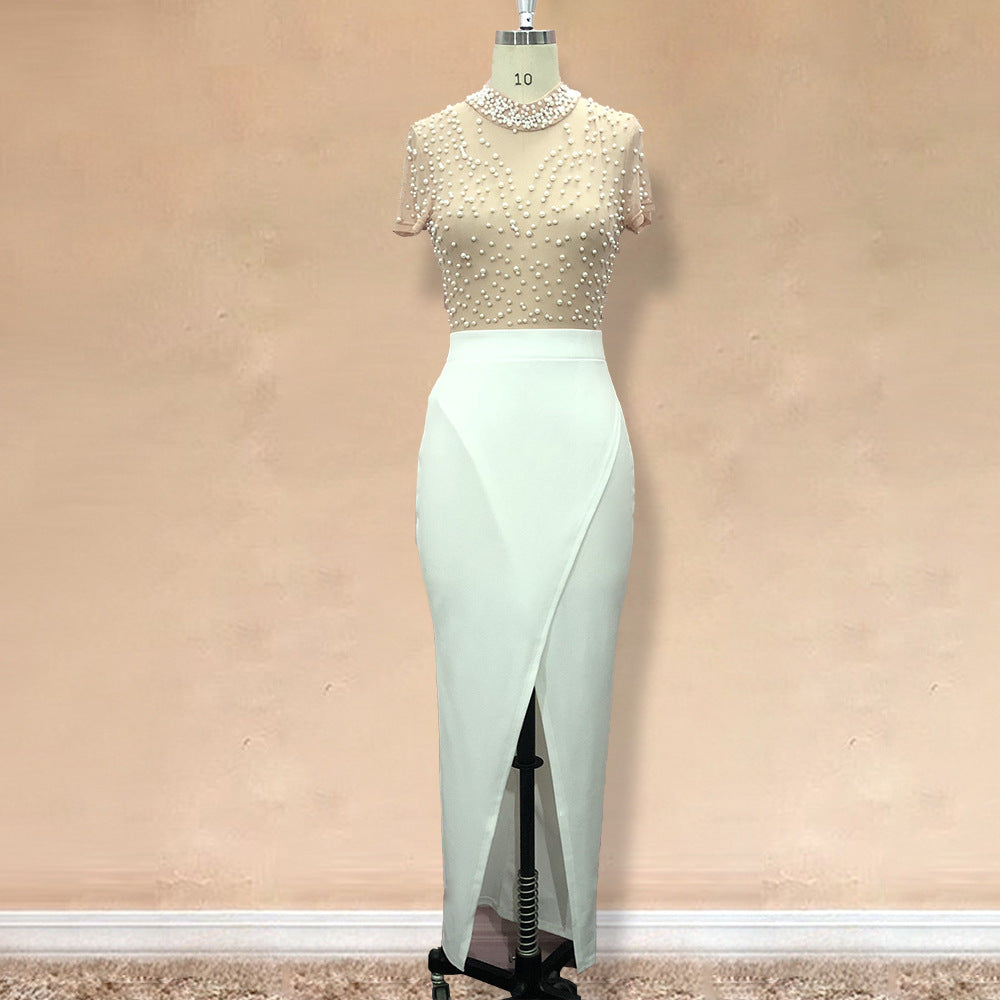 Damen elegantes Maxikleid mit transparentem Oberteil und schimmernden Perlen EB