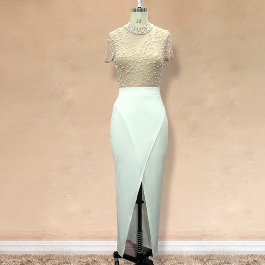Damen elegantes Maxikleid mit transparentem Oberteil und schimmernden Perlen EB