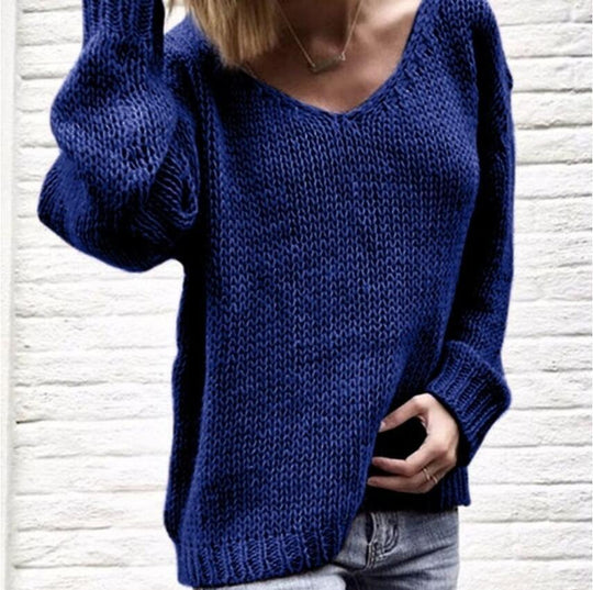 Damen lässiger Strickpullover mit tiefem V-Ausschnitt und seitlichen Schlitzen EB