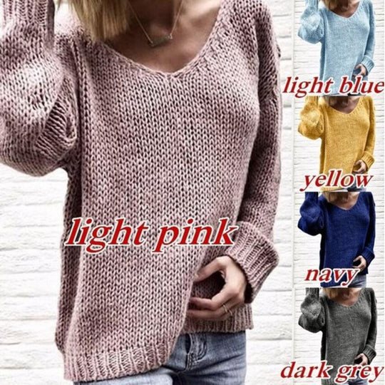 Damen lässiger Strickpullover mit tiefem V-Ausschnitt und seitlichen Schlitzen EB