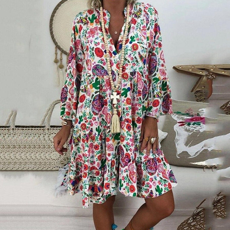 Damen nan A-Linien-Tunika-Minikleid mit V-Ausschnitt, stufigem Volant und Boho-Bandana-Print EB