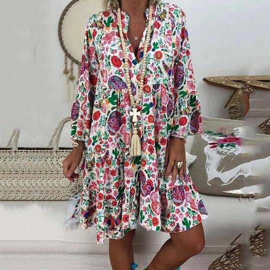 Damen nan A-Linien-Tunika-Minikleid mit V-Ausschnitt, stufigem Volant und Boho-Bandana-Print EB