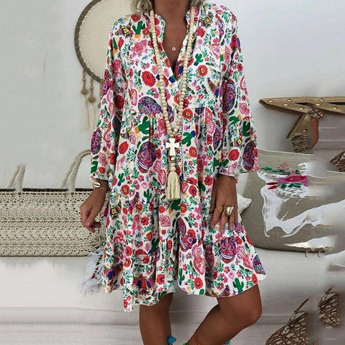 Damen nan A-Linien-Tunika-Minikleid mit V-Ausschnitt, stufigem Volant und Boho-Bandana-Print EB