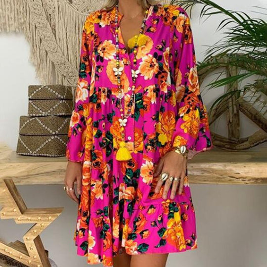 Damen nan A-Linien-Tunika-Minikleid mit V-Ausschnitt, stufigem Volant und Boho-Bandana-Print EB