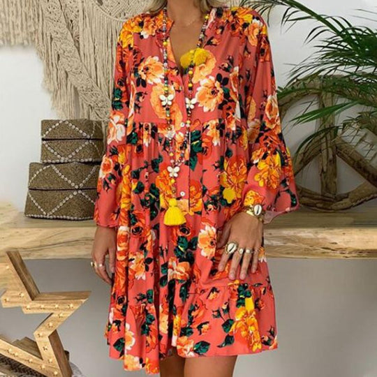 Damen nan A-Linien-Tunika-Minikleid mit V-Ausschnitt, stufigem Volant und Boho-Bandana-Print EB