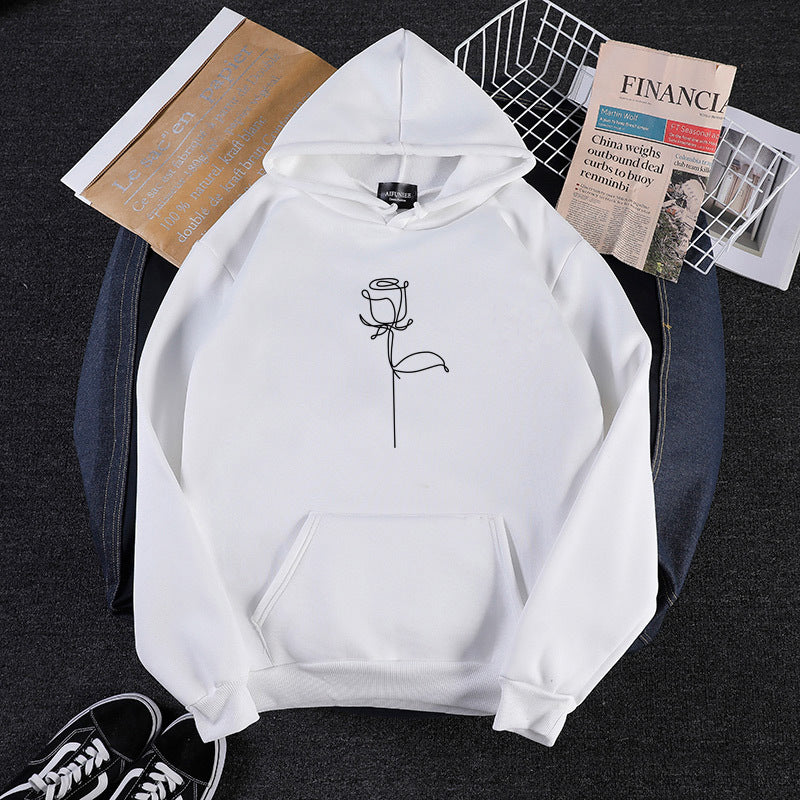 Unisex nan Kapuzenpullover mit minimalistischer Rosenlinien-Illustration, Kängurutasche und angerautem Innenfutter EB