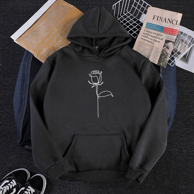 Unisex nan Kapuzenpullover mit minimalistischer Rosenlinien-Illustration, Kängurutasche und angerautem Innenfutter EB