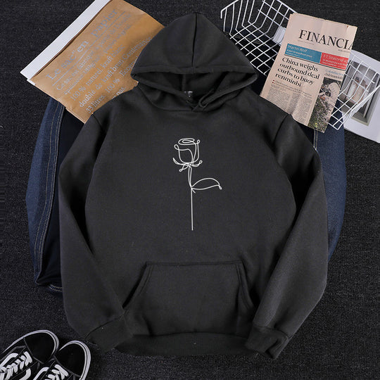 Unisex nan Kapuzenpullover mit minimalistischer Rosenlinien-Illustration, Kängurutasche und angerautem Innenfutter EB