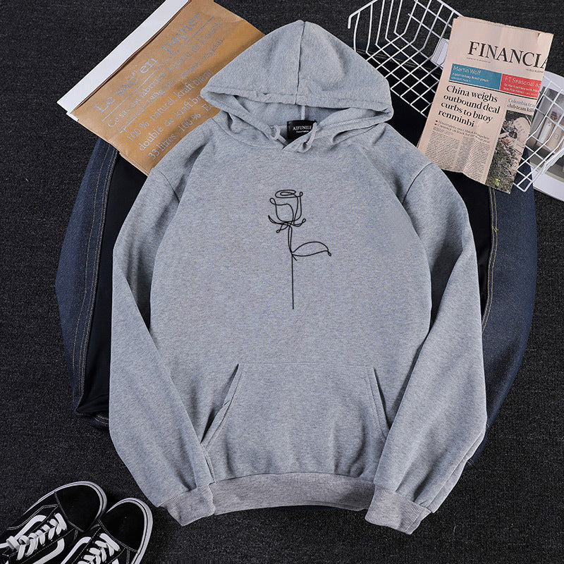 Unisex nan Kapuzenpullover mit minimalistischer Rosenlinien-Illustration, Kängurutasche und angerautem Innenfutter EB