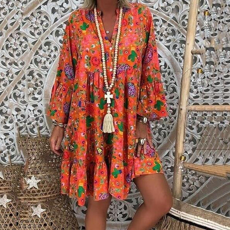 Damen nan A-Linien-Tunika-Minikleid mit V-Ausschnitt, stufigem Volant und Boho-Bandana-Print EB