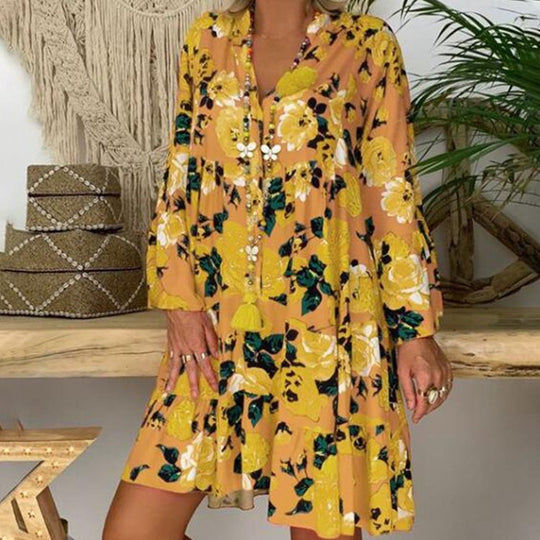 Damen nan A-Linien-Tunika-Minikleid mit V-Ausschnitt, stufigem Volant und Boho-Bandana-Print EB