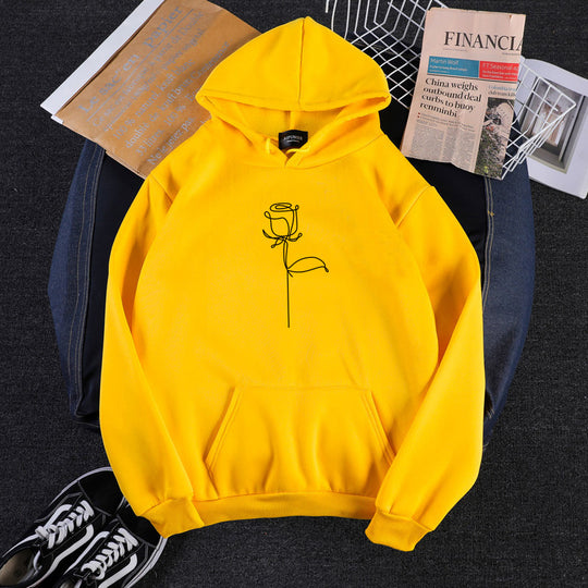Unisex nan Kapuzenpullover mit minimalistischer Rosenlinien-Illustration, Kängurutasche und angerautem Innenfutter EB