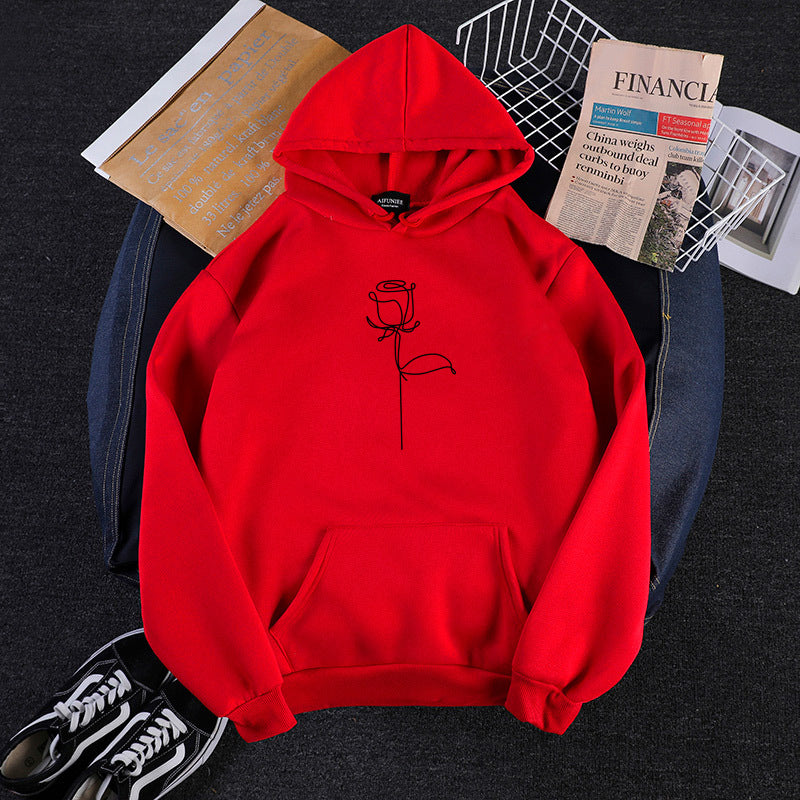 Unisex nan Kapuzenpullover mit minimalistischer Rosenlinien-Illustration, Kängurutasche und angerautem Innenfutter EB