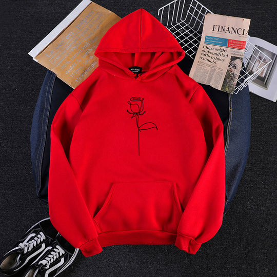Unisex nan Kapuzenpullover mit minimalistischer Rosenlinien-Illustration, Kängurutasche und angerautem Innenfutter EB