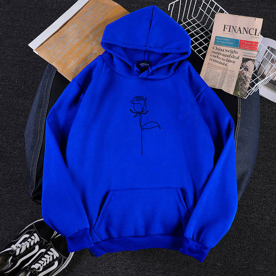 Unisex nan Kapuzenpullover mit minimalistischer Rosenlinien-Illustration, Kängurutasche und angerautem Innenfutter EB