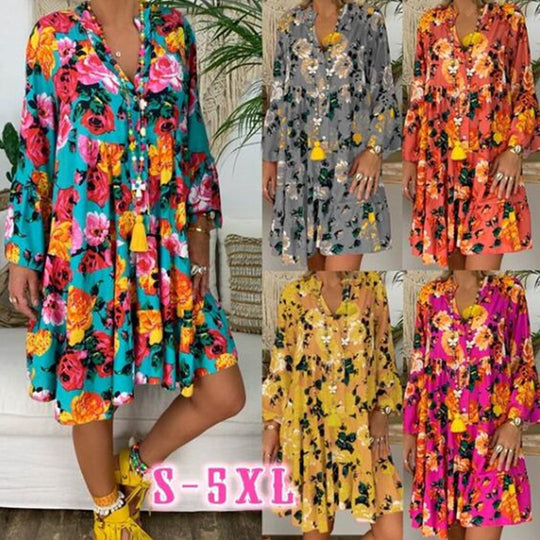 Damen nan A-Linien-Tunika-Minikleid mit V-Ausschnitt, stufigem Volant und Boho-Bandana-Print EB