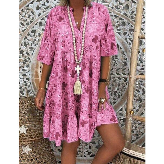 Damen nan A-Linien-Tunika-Minikleid mit V-Ausschnitt, stufigem Volant und Boho-Bandana-Print EB