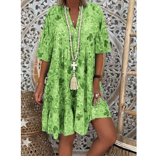 Damen nan A-Linien-Tunika-Minikleid mit V-Ausschnitt, stufigem Volant und Boho-Bandana-Print EB